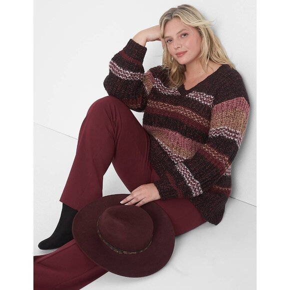 Lane Bryant Sweater Womens 14/16 Burgundy Striped Knit‎ Heavy Pullover V Neck - Picture 3 of 11